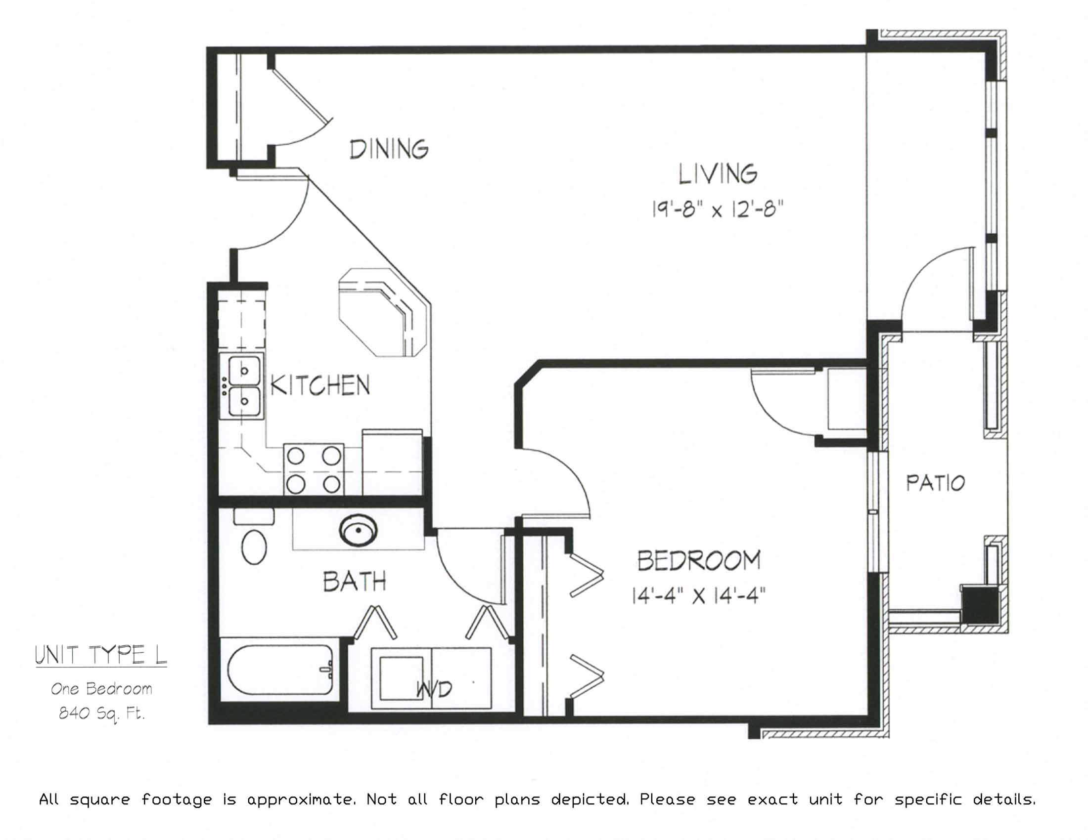 Floor plan for 1 bed, 1 bath, 840 sqft